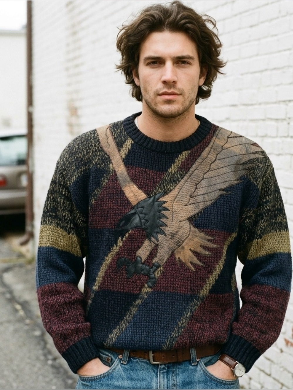 Vintage 90s Patchwork Knit Dad Sweater Bald Eagle w/ Leather Accents Medium